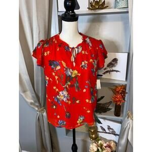 CeCe NWT $79 size Small Island Oasis Color 691 Fiery Red Lined Cap Sleeve Blouse